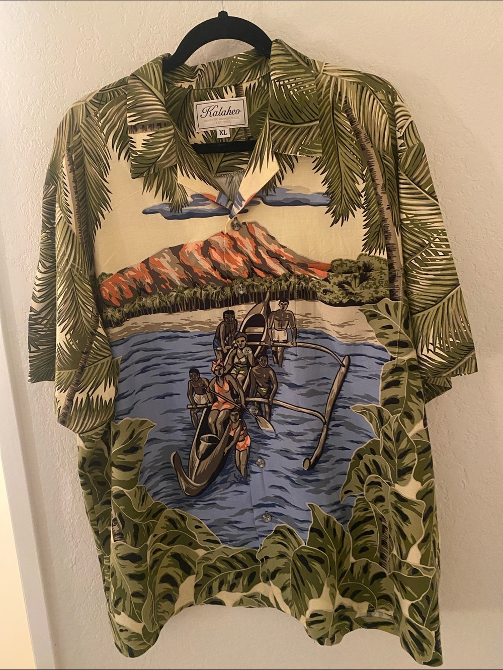 Kalaheo Green Tropical Canoe Print Camp Shirt